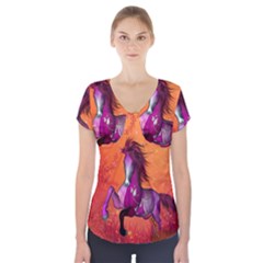 Wonderful Fantasy Horse In A Autumn Landscape Short Sleeve Front Detail Top by FantasyWorld7