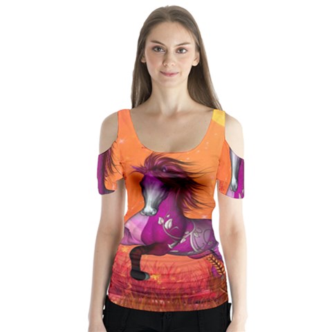 Wonderful Fantasy Horse In A Autumn Landscape Butterfly Sleeve Cutout Tee  by FantasyWorld7