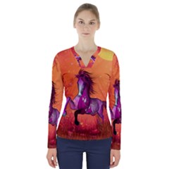 Wonderful Fantasy Horse In A Autumn Landscape V-neck Long Sleeve Top by FantasyWorld7