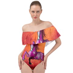 Wonderful Fantasy Horse In A Autumn Landscape Off Shoulder Velour Bodysuit 