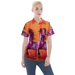 Wonderful Fantasy Horse In A Autumn Landscape Women s Short Sleeve Pocket Shirt