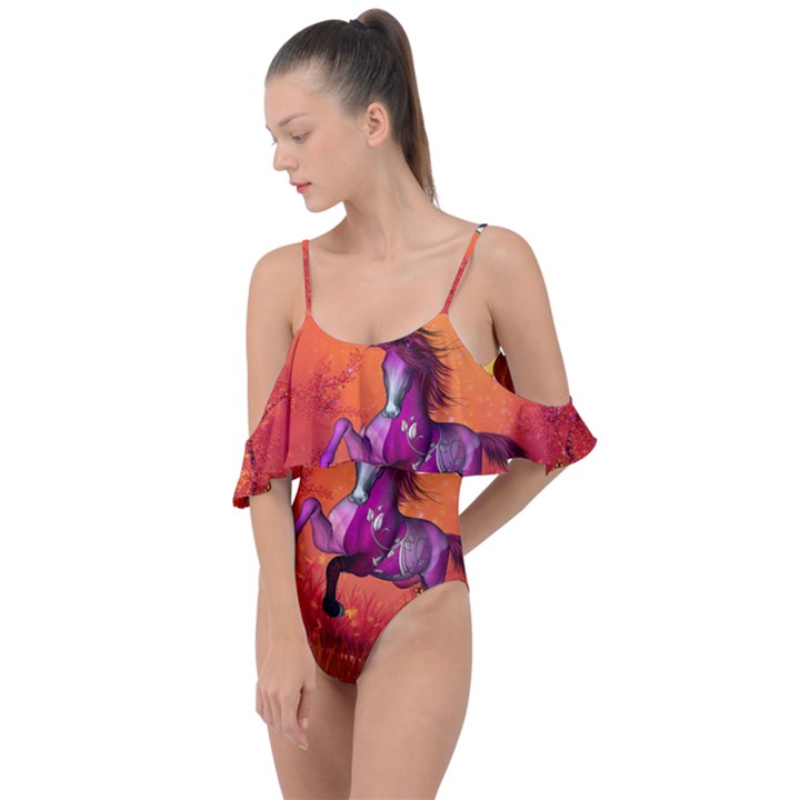 Wonderful Fantasy Horse In A Autumn Landscape Drape Piece Swimsuit