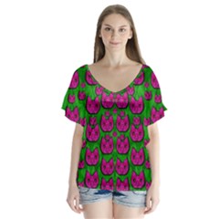 Sweet Flower Cats  In Nature Style V-neck Flutter Sleeve Top by pepitasart