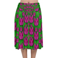 Sweet Flower Cats  In Nature Style Velvet Flared Midi Skirt by pepitasart