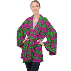 Sweet Flower Cats  In Nature Style Long Sleeve Velvet Kimono  by pepitasart