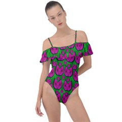 Sweet Flower Cats  In Nature Style Frill Detail One Piece Swimsuit by pepitasart