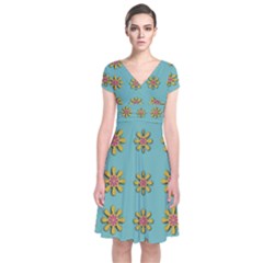 Fantasy Fauna Floral In Sweet Green Short Sleeve Front Wrap Dress by pepitasart