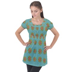 Fantasy Fauna Floral In Sweet Green Puff Sleeve Tunic Top