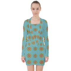 Fantasy Fauna Floral In Sweet Green V-neck Bodycon Long Sleeve Dress