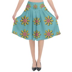 Fantasy Fauna Floral In Sweet Green Flared Midi Skirt