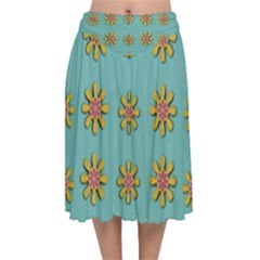 Fantasy Fauna Floral In Sweet Green Velvet Flared Midi Skirt