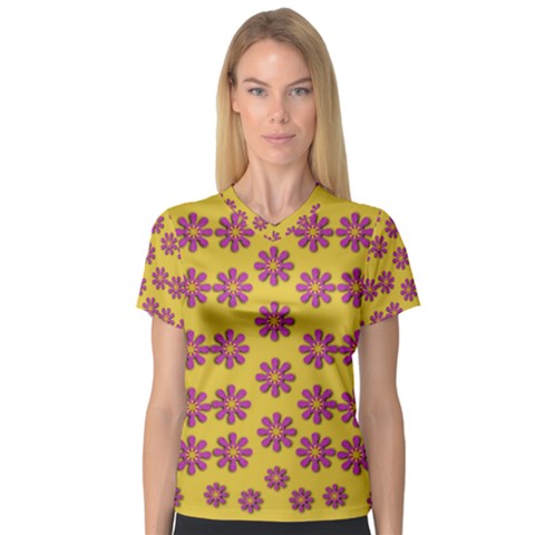 Fantasy Fauna Floral In Sweet Yellow V-neck Sport Mesh Tee by pepitasart