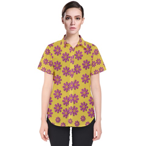 Fantasy Fauna Floral In Sweet Yellow Women s Short Sleeve Shirt by pepitasart