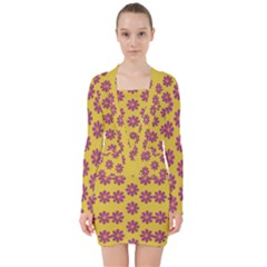 Fantasy Fauna Floral In Sweet Yellow V-neck Bodycon Long Sleeve Dress by pepitasart