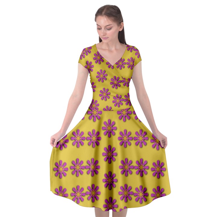 Fantasy Fauna Floral In Sweet Yellow Cap Sleeve Wrap Front Dress