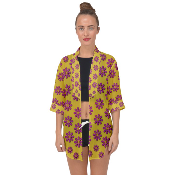 Fantasy Fauna Floral In Sweet Yellow Open Front Chiffon Kimono