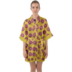 Fantasy Fauna Floral In Sweet Yellow Half Sleeve Satin Kimono  by pepitasart