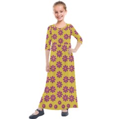 Fantasy Fauna Floral In Sweet Yellow Kids  Quarter Sleeve Maxi Dress by pepitasart