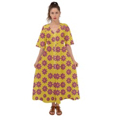 Fantasy Fauna Floral In Sweet Yellow Kimono Sleeve Boho Dress