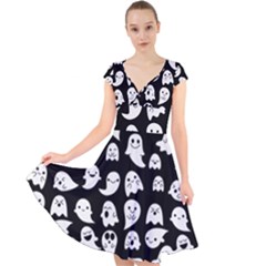 Cute Kawaii Ghost Pattern Cap Sleeve Front Wrap Midi Dress by Valentinaart