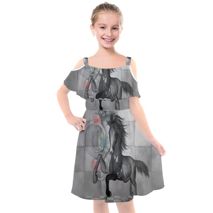 Wonderful Black And White Horse Kids  Cut Out Shoulders Chiffon Dress