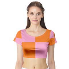 Mod Pink And Orange Squares Short Sleeve Crop Top by snowwhitegirl