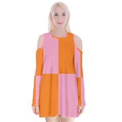 Mod Pink And Orange Squares Velvet Long Sleeve Shoulder Cutout Dress by snowwhitegirl