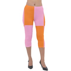 Mod Pink And Orange Squares Lightweight Velour Capri Leggings  by snowwhitegirl