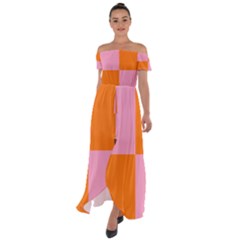 Mod Pink And Orange Squares Off Shoulder Open Front Chiffon Dress by snowwhitegirl