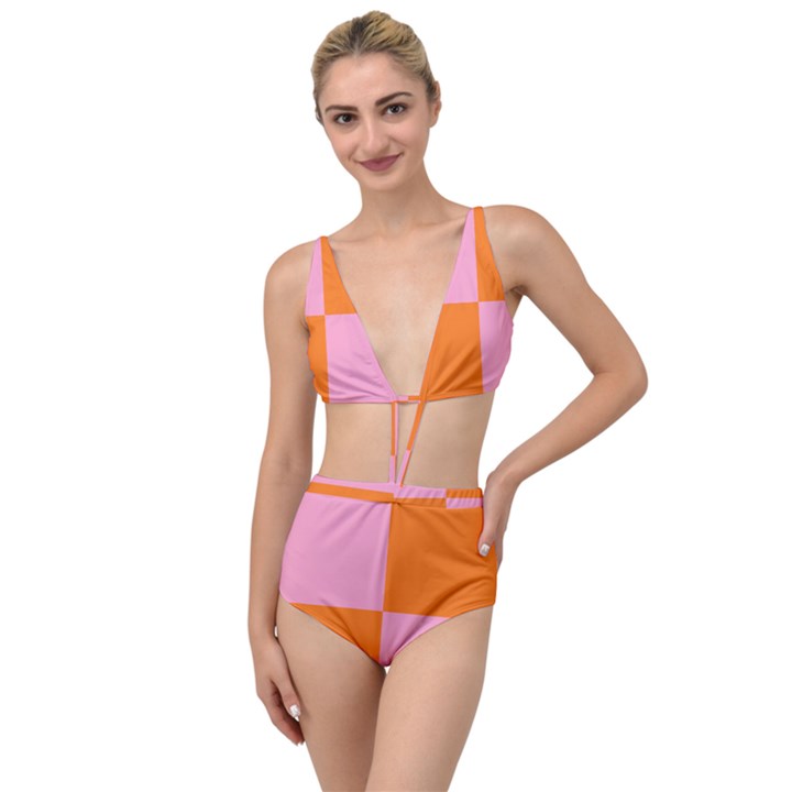 Mod Pink And Orange Squares Tied Up Two Piece Swimsuit