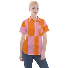 Mod Pink And Orange Squares Women s Short Sleeve Pocket Shirt