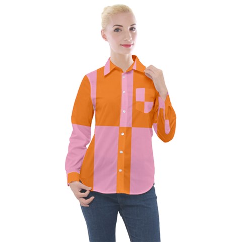 Mod Pink And Orange Squares Women s Long Sleeve Pocket Shirt by snowwhitegirl