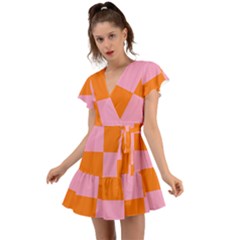 Mod Pink And Orange Squares Flutter Sleeve Wrap Dress by snowwhitegirl