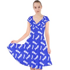 Fish Royal Blue Cap Sleeve Front Wrap Midi Dress