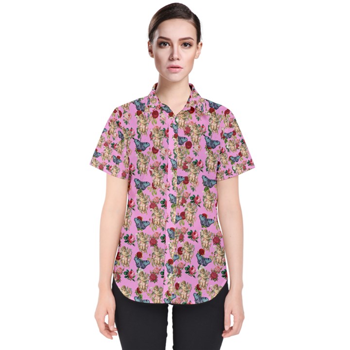 Angel Cherub Butterflies Pink Women s Short Sleeve Shirt