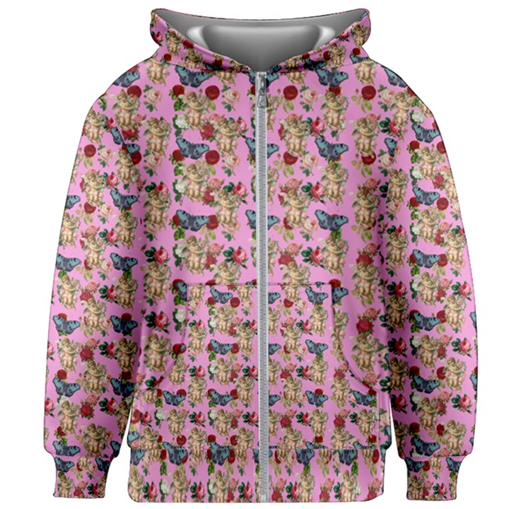 Angel Cherub Butterflies Pink Kids  Zipper Hoodie Without Drawstring