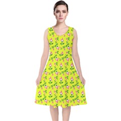 Carnation Pattern Yellow V-neck Midi Sleeveless Dress 