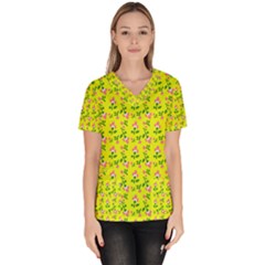 Carnation Pattern Yellow Women s V-neck Scrub Top by snowwhitegirl