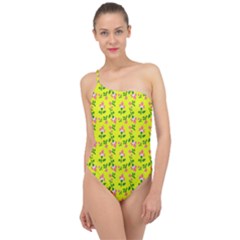 Carnation Pattern Yellow Classic One Shoulder Swimsuit by snowwhitegirl