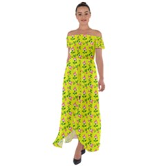 Carnation Pattern Yellow Off Shoulder Open Front Chiffon Dress