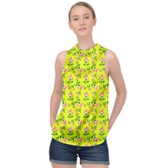 Carnation Pattern Yellow High Neck Satin Top by snowwhitegirl