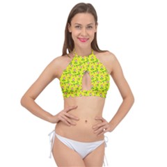 Carnation Pattern Yellow Cross Front Halter Bikini Top