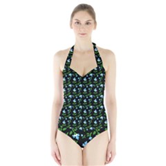 Carnation Pattern Black Halter Swimsuit by snowwhitegirl