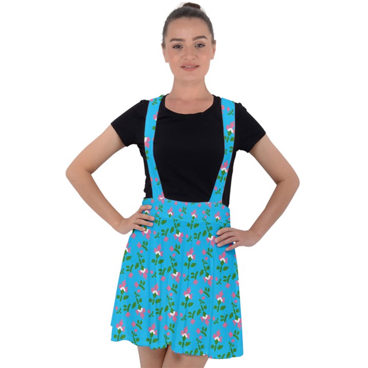 Carnation Pattern Blue Velvet Suspender Skater Skirt