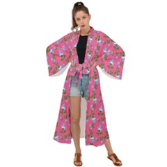 Carnation Pattern Pink Maxi Kimono