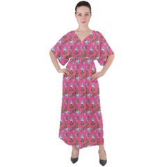 Carnation Pattern Pink V-neck Boho Style Maxi Dress