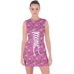 Carnation Pattern Pink Lace Up Front Bodycon Dress