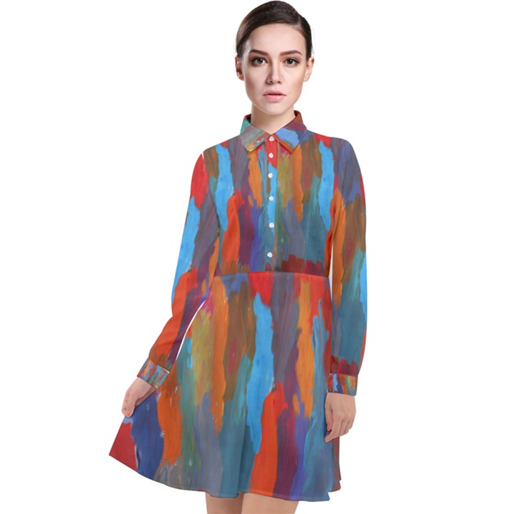 Long Sleeve Chiffon Shirt Dress with Blue and Red design