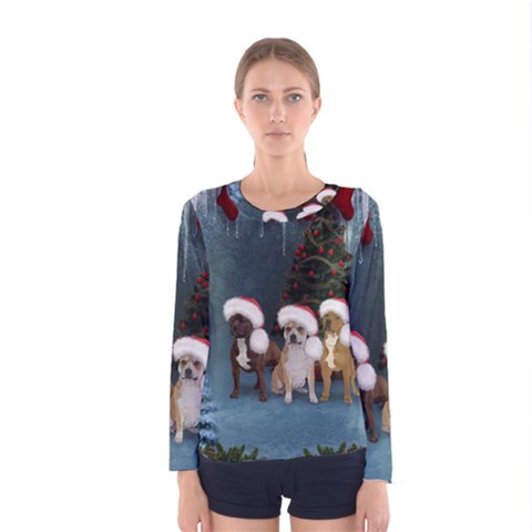 Christmas, Cute Dogs With Christmas Hat Women s Long Sleeve Tee by FantasyWorld7