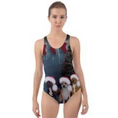 Christmas, Cute Dogs With Christmas Hat Cut-out Back One Piece Swimsuit by FantasyWorld7